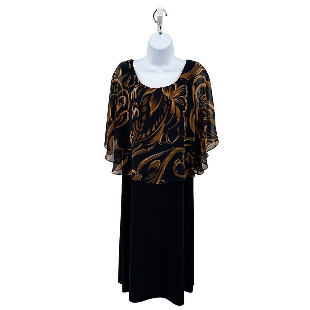 Connected Apparel Popover Sheath Dress Womens 14 Mustard/Black Chiffon Overlay